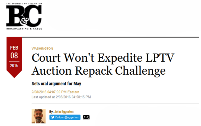 Court Won’t Expedite LPTV Auction Repack Challenge