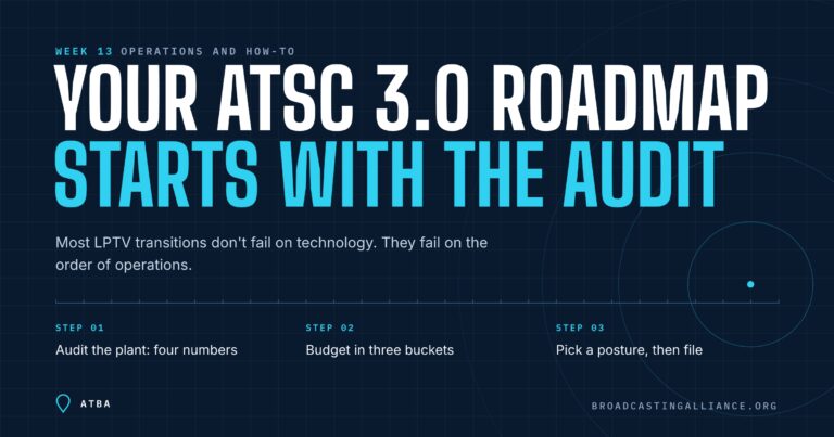 Your ATSC 3.0 roadmap starts with the audit. Step 1: audit the plant. Step 2: budget in three buckets. Step 3: pick a posture, then file.
